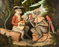 mono tocando la guitarra y loros